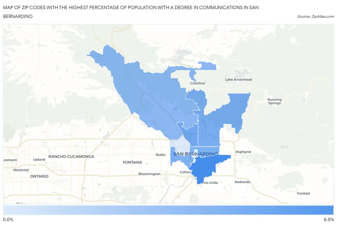 Zip Codes with the Highest Percentage of Population with a Degree in Communications in San Bernardino Map