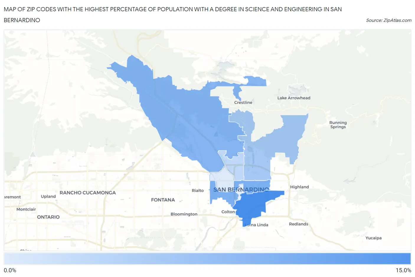 Zip Codes with the Highest Percentage of Population with a Degree in Science and Engineering in San Bernardino Map