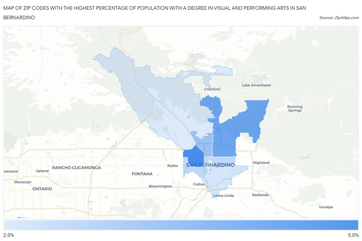 Zip Codes with the Highest Percentage of Population with a Degree in Visual and Performing Arts in San Bernardino Map