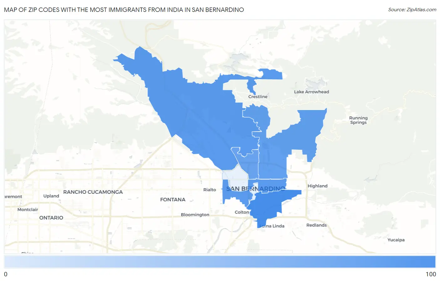 Zip Codes with the Most Immigrants from India in San Bernardino Map
