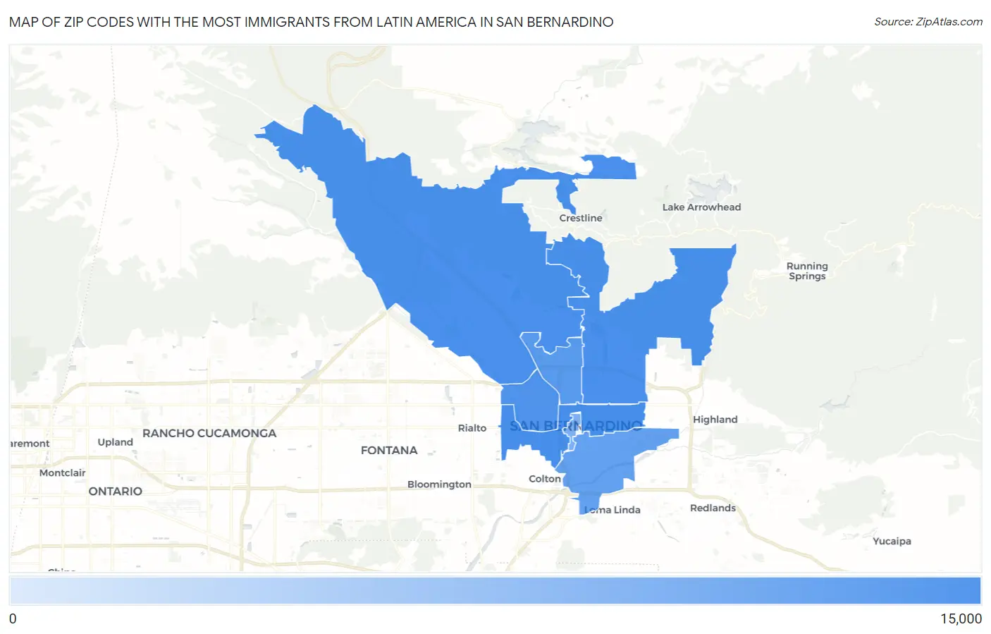 Zip Codes with the Most Immigrants from Latin America in San Bernardino Map