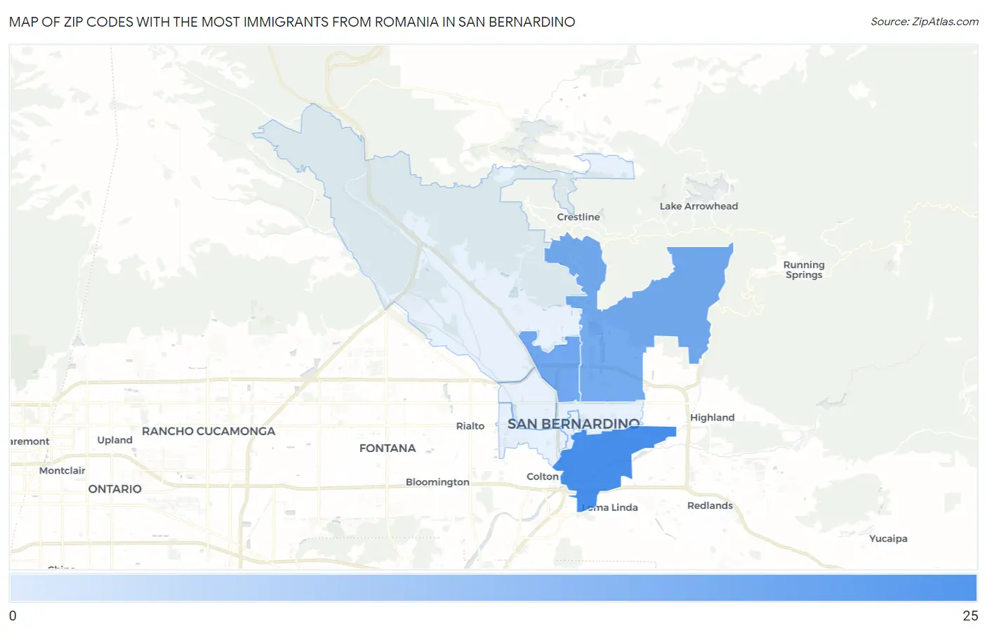 Zip Codes with the Most Immigrants from Romania in San Bernardino Map