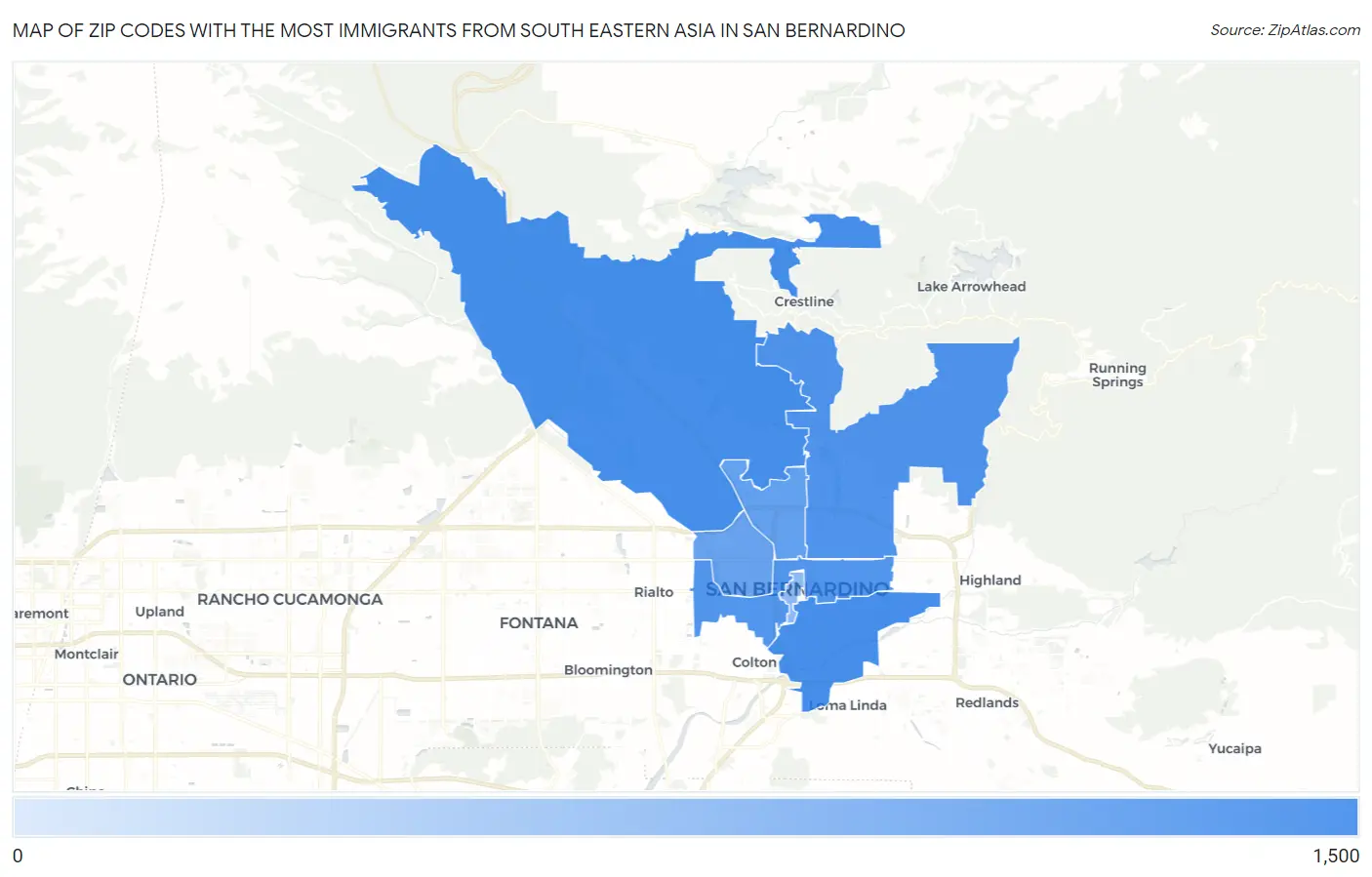 Zip Codes with the Most Immigrants from South Eastern Asia in San Bernardino Map