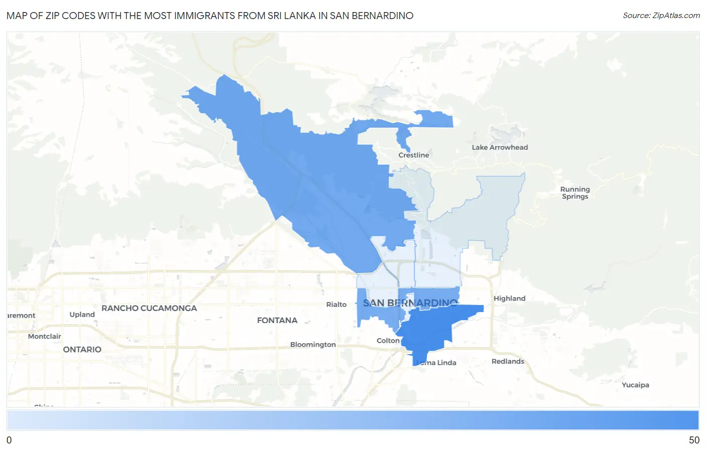 Zip Codes with the Most Immigrants from Sri Lanka in San Bernardino Map