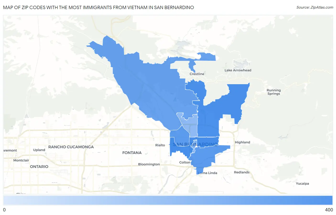 Zip Codes with the Most Immigrants from Vietnam in San Bernardino Map