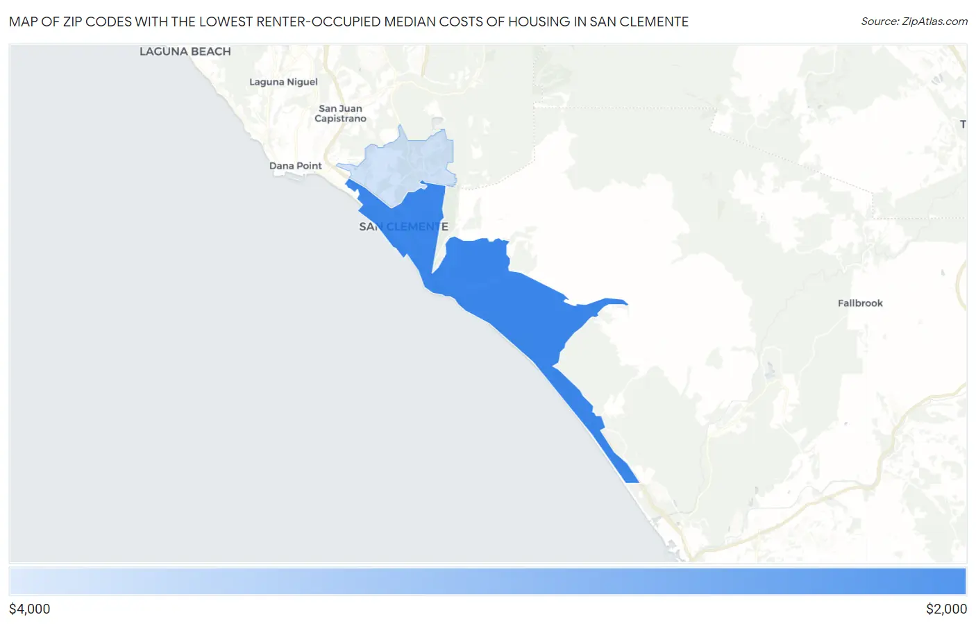 Zip Codes with the Lowest Renter-Occupied Median Costs of Housing in San Clemente Map