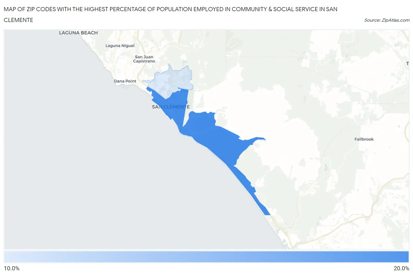 Zip Codes with the Highest Percentage of Population Employed in Community & Social Service  in San Clemente Map