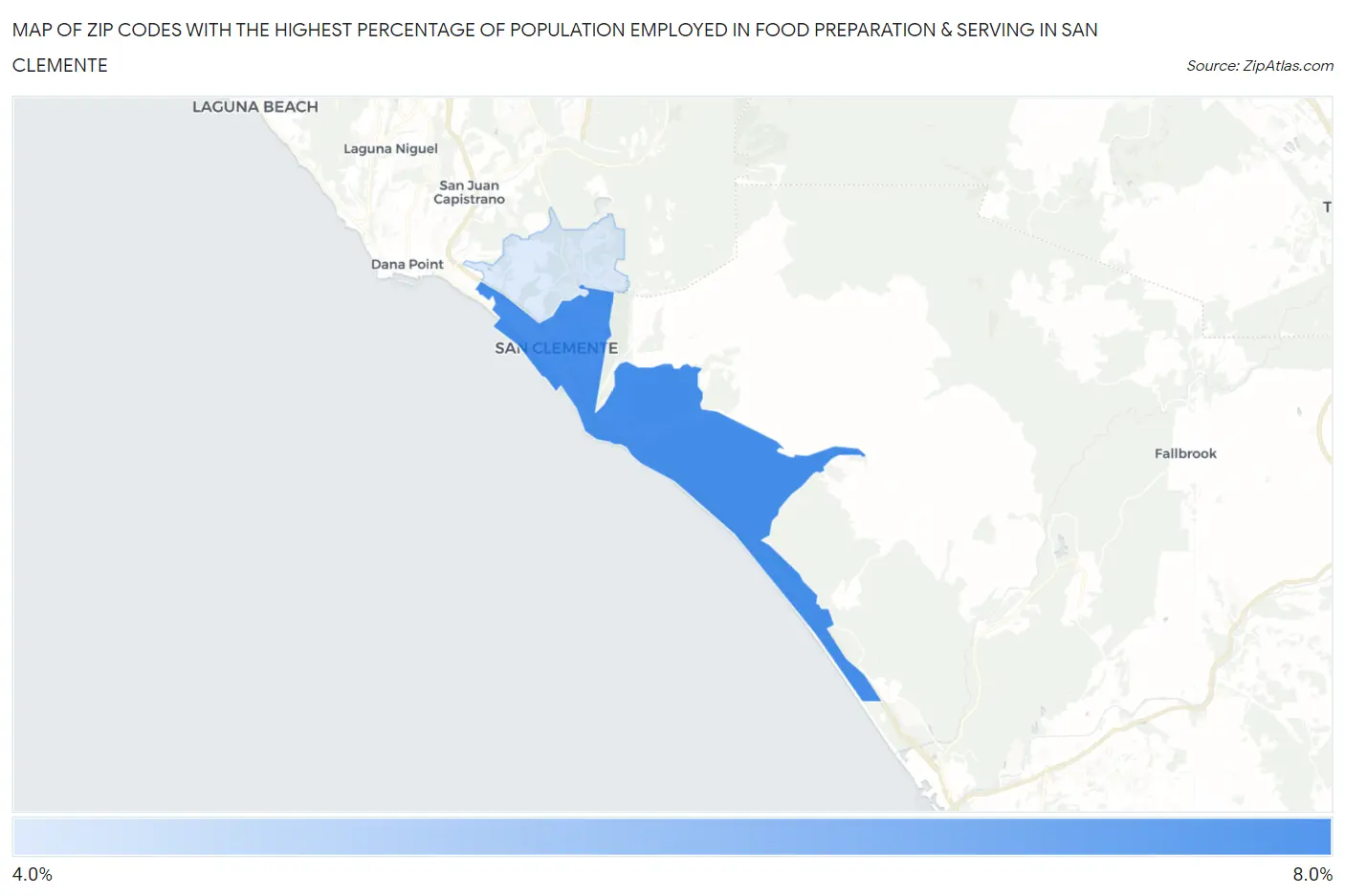 Zip Codes with the Highest Percentage of Population Employed in Food Preparation & Serving in San Clemente Map