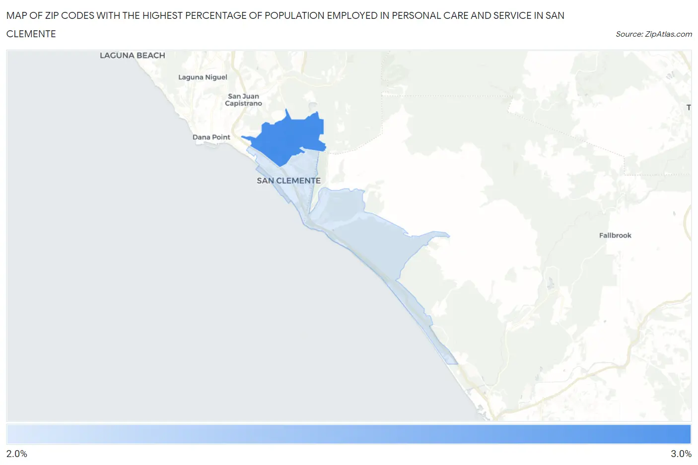 Zip Codes with the Highest Percentage of Population Employed in Personal Care and Service in San Clemente Map