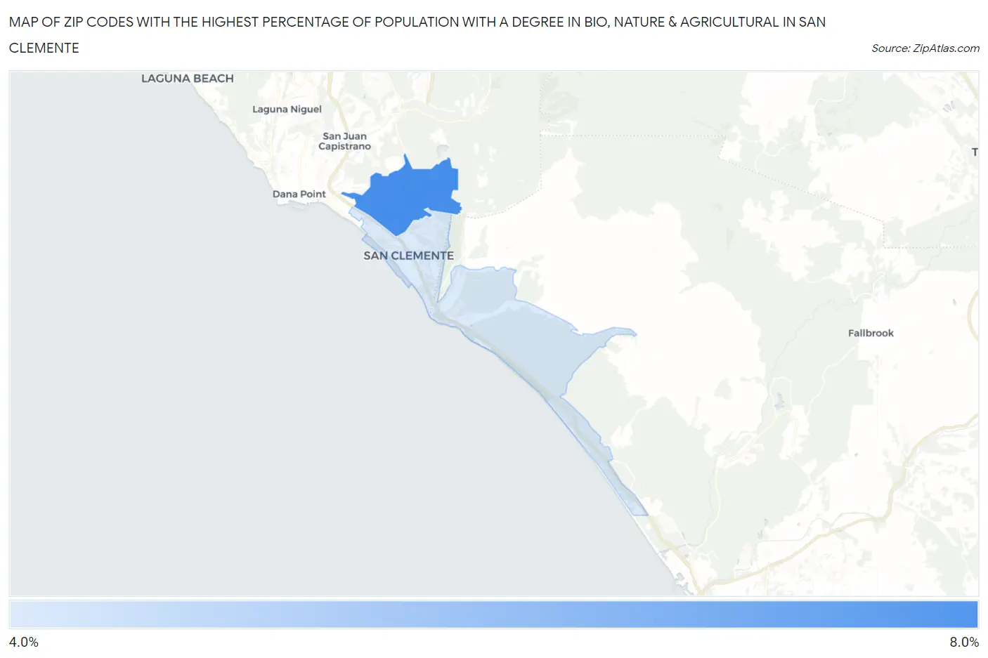 Zip Codes with the Highest Percentage of Population with a Degree in Bio, Nature & Agricultural in San Clemente Map