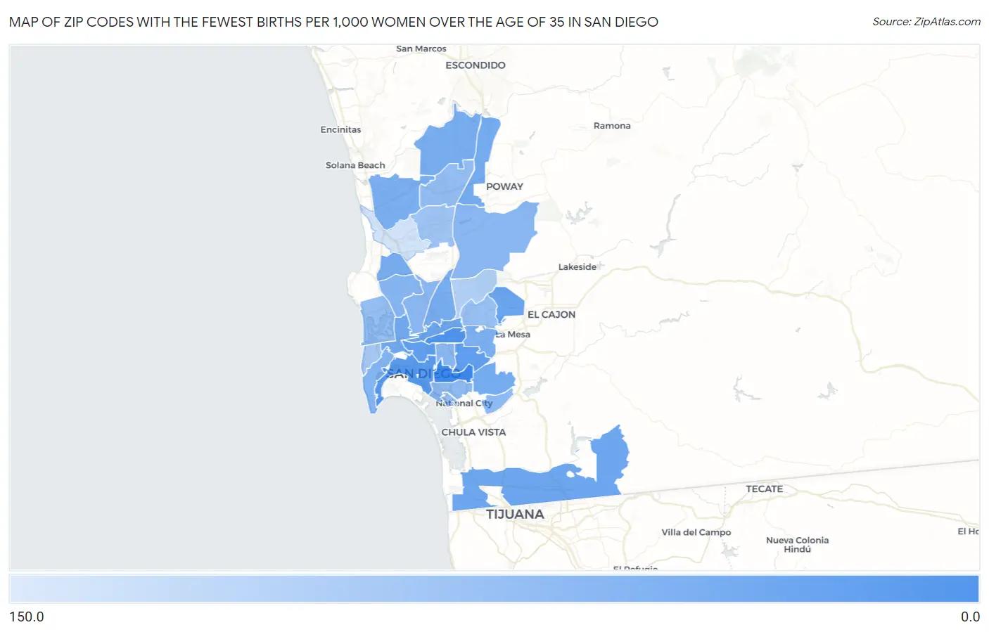 Zip Codes with the Fewest Births per 1,000 Women Over the Age of 35 in San Diego Map