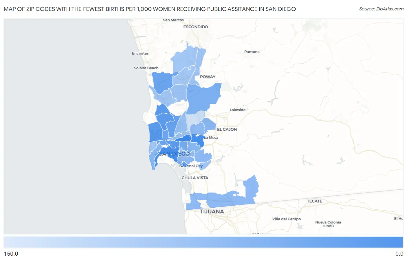 Zip Codes with the Fewest Births per 1,000 Women Receiving Public Assitance in San Diego Map