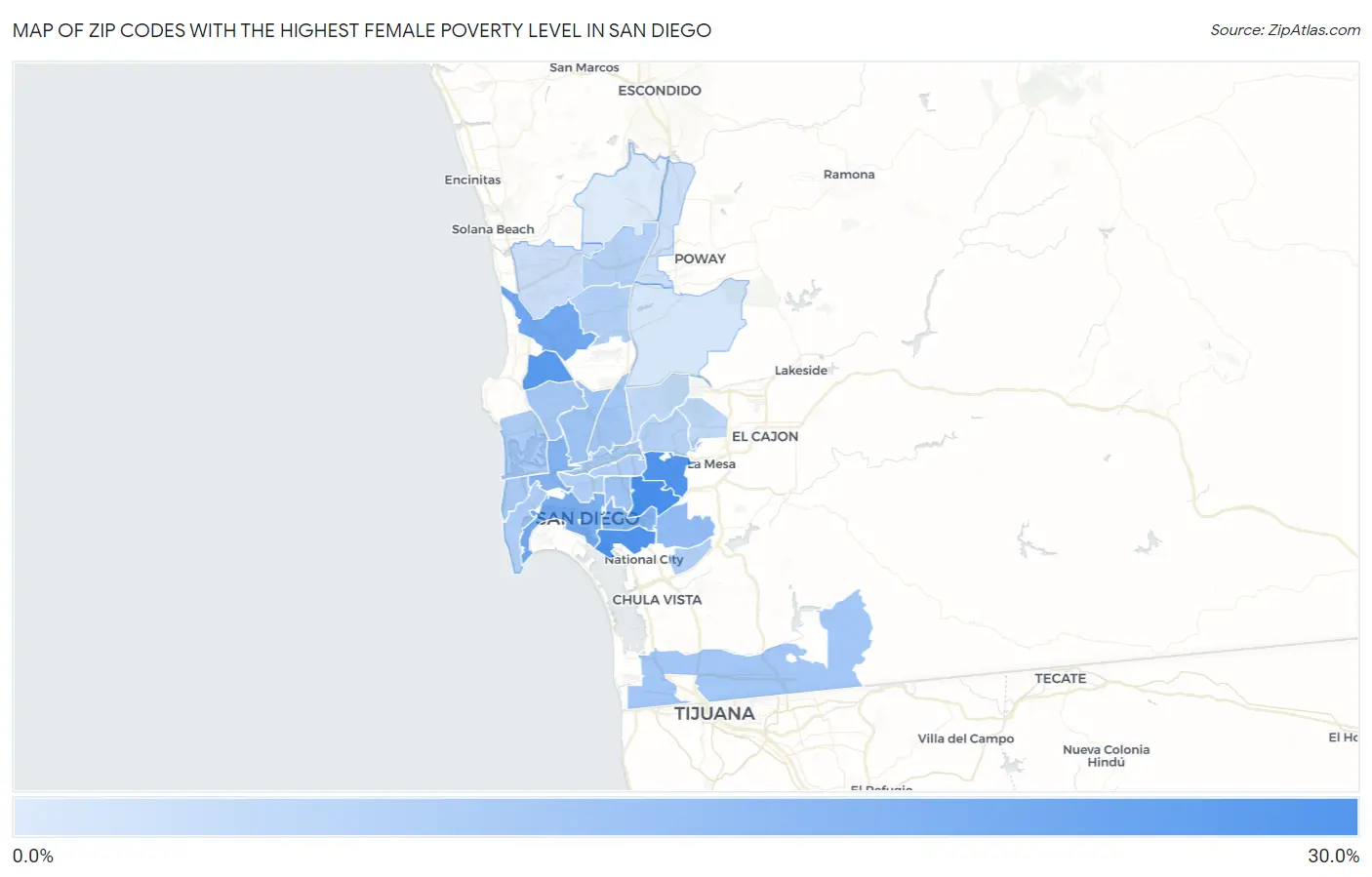 Zip Codes with the Highest Female Poverty Level in San Diego Map