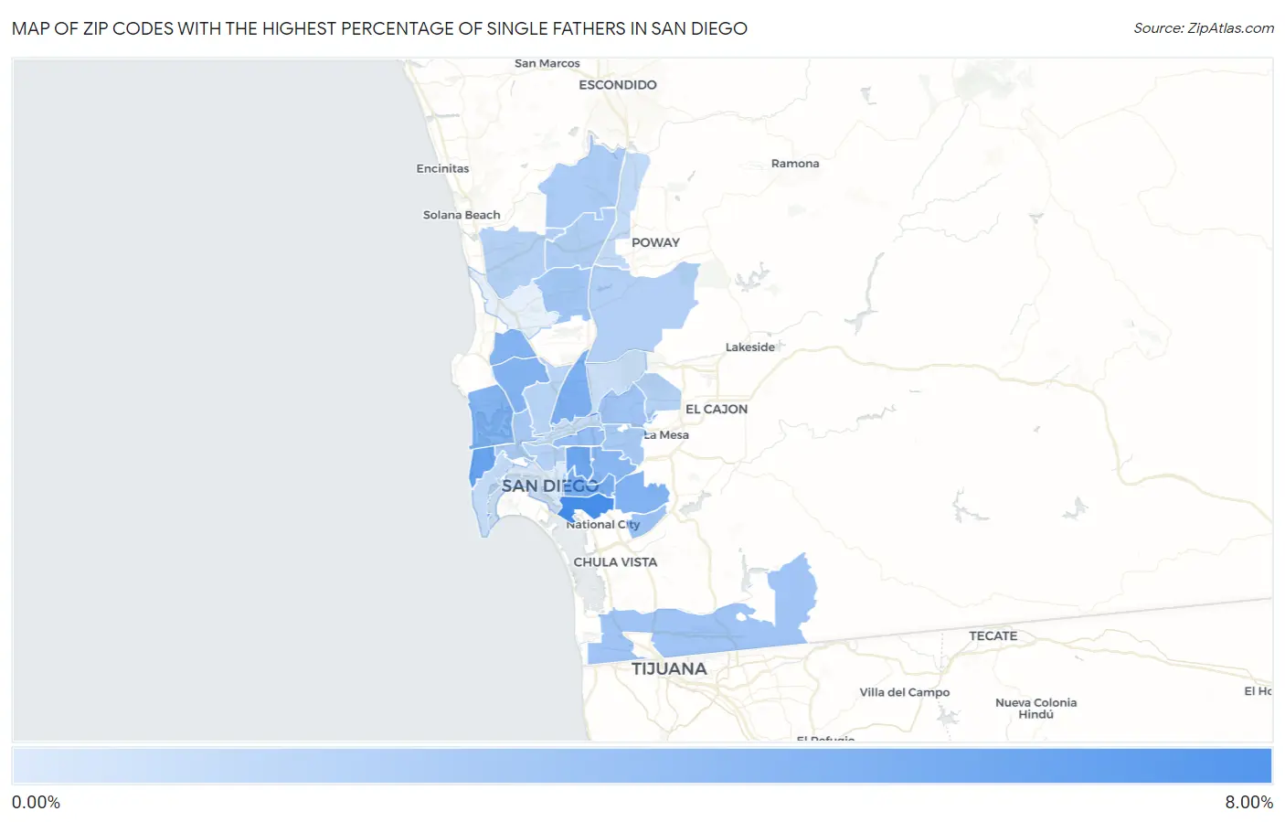 Zip Codes with the Highest Percentage of Single Fathers in San Diego Map