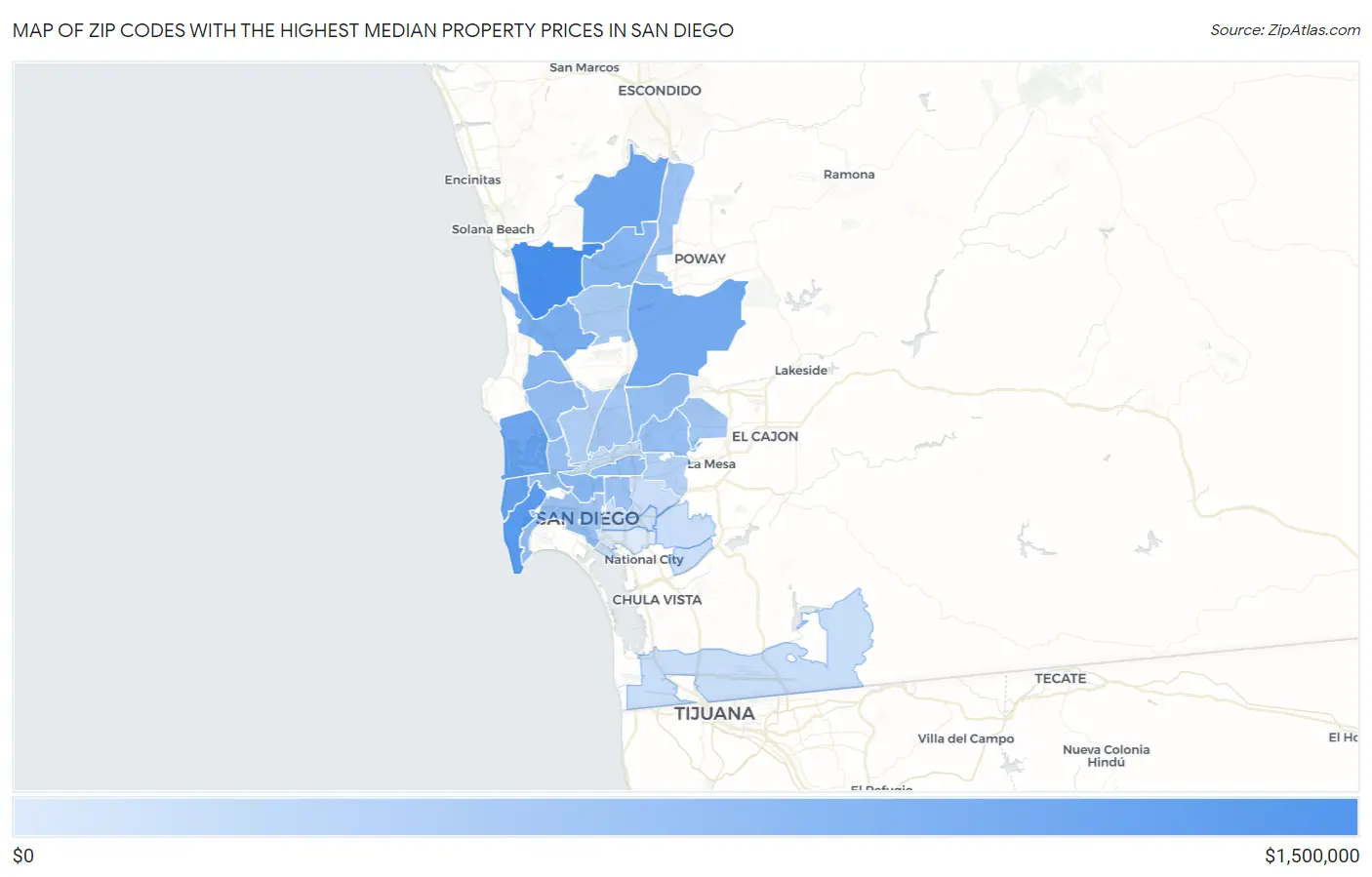 Zip Codes with the Highest Median Property Prices in San Diego Map