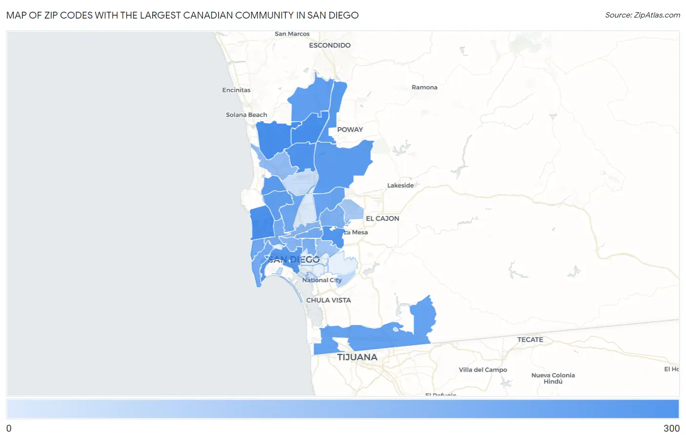Zip Codes with the Largest Canadian Community in San Diego Map