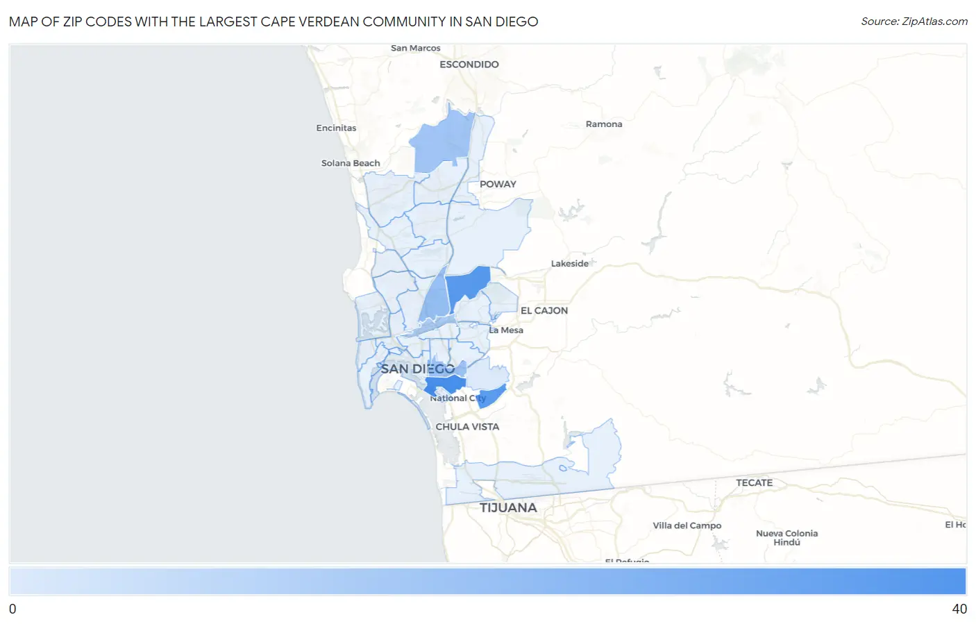 Zip Codes with the Largest Cape Verdean Community in San Diego Map