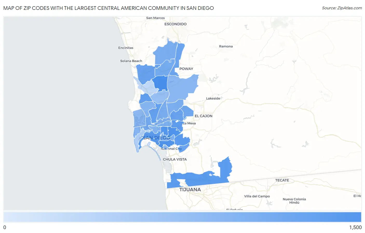 Zip Codes with the Largest Central American Community in San Diego Map