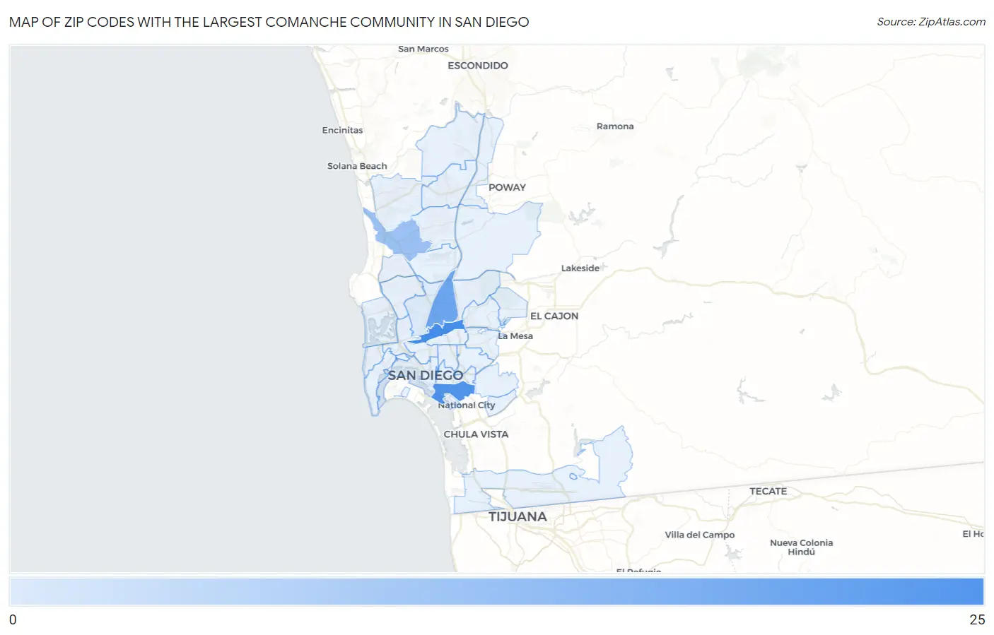 Zip Codes with the Largest Comanche Community in San Diego Map