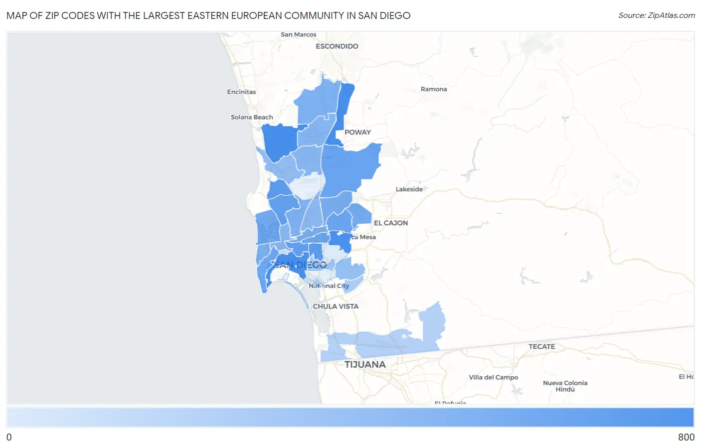 Zip Codes with the Largest Eastern European Community in San Diego Map