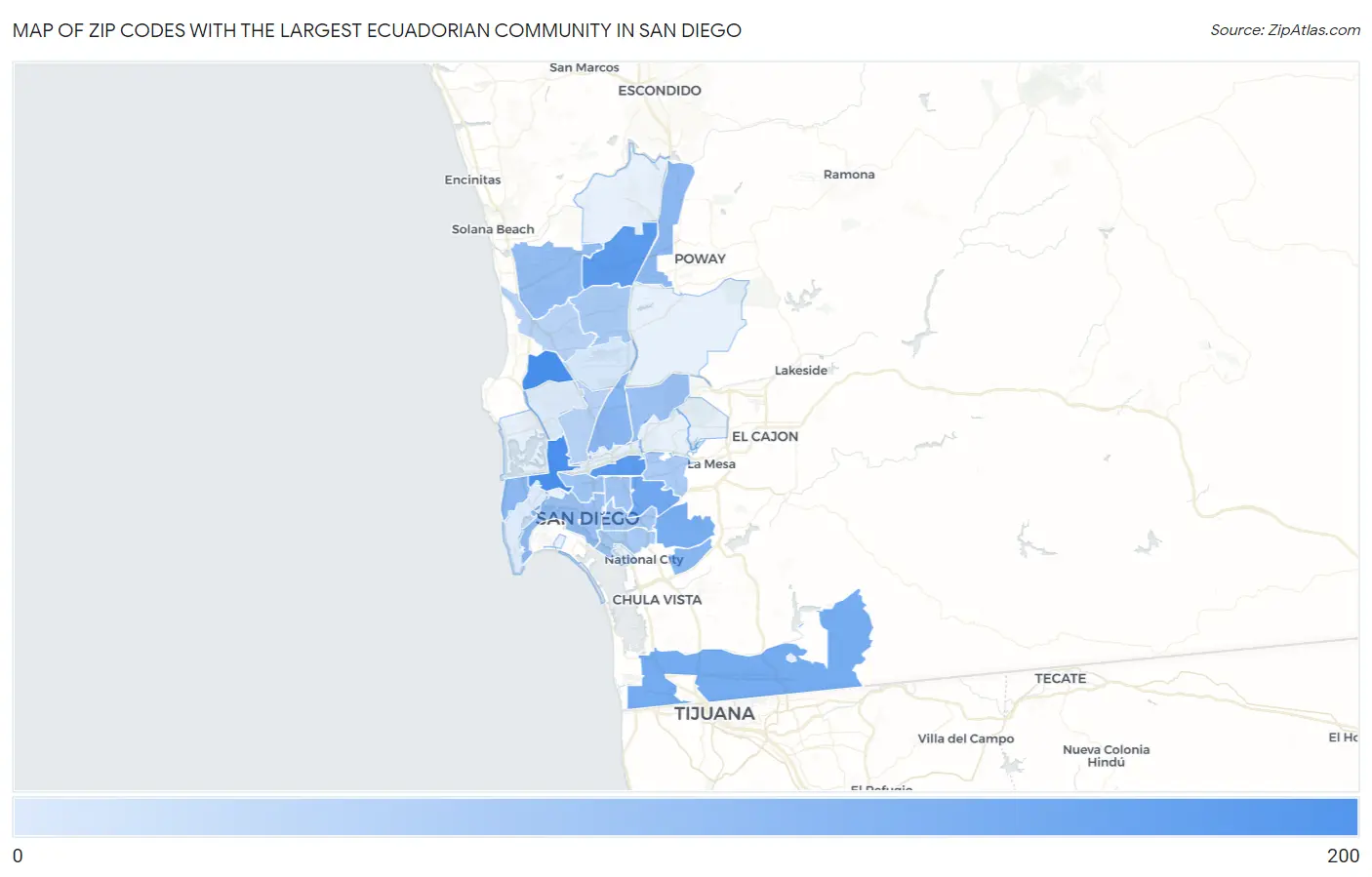 Zip Codes with the Largest Ecuadorian Community in San Diego Map