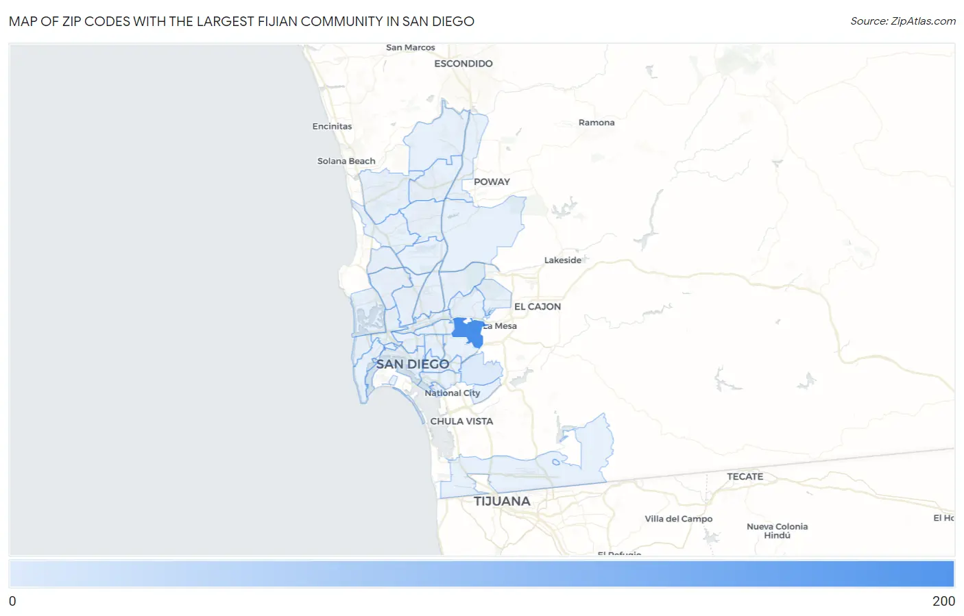 Zip Codes with the Largest Fijian Community in San Diego Map