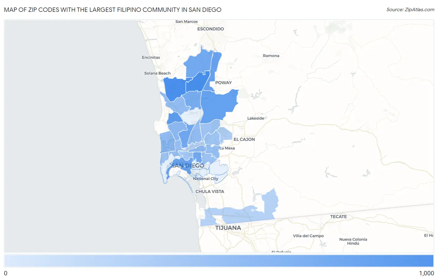 Zip Codes with the Largest Filipino Community in San Diego Map