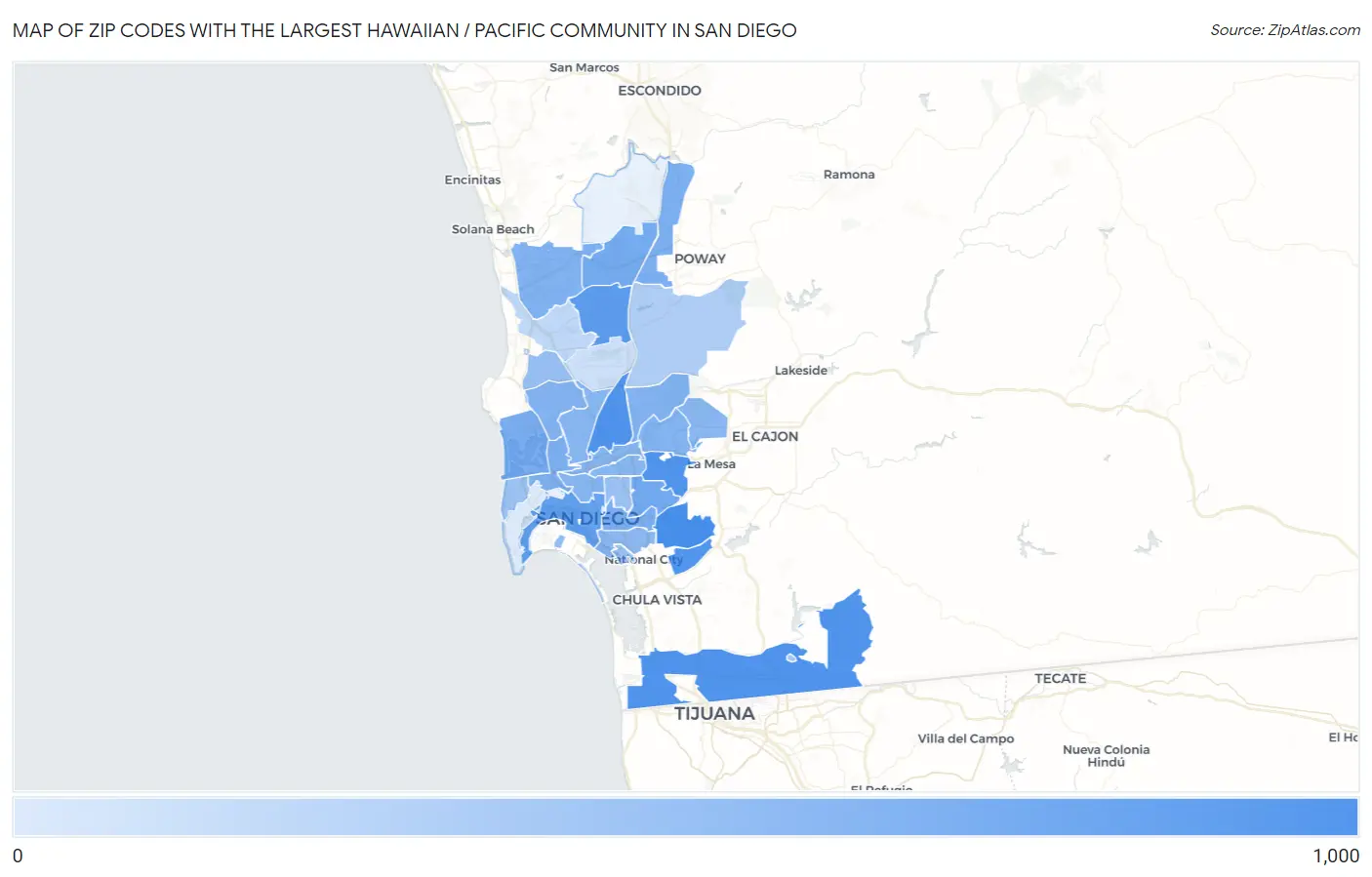 Zip Codes with the Largest Hawaiian / Pacific Community in San Diego Map