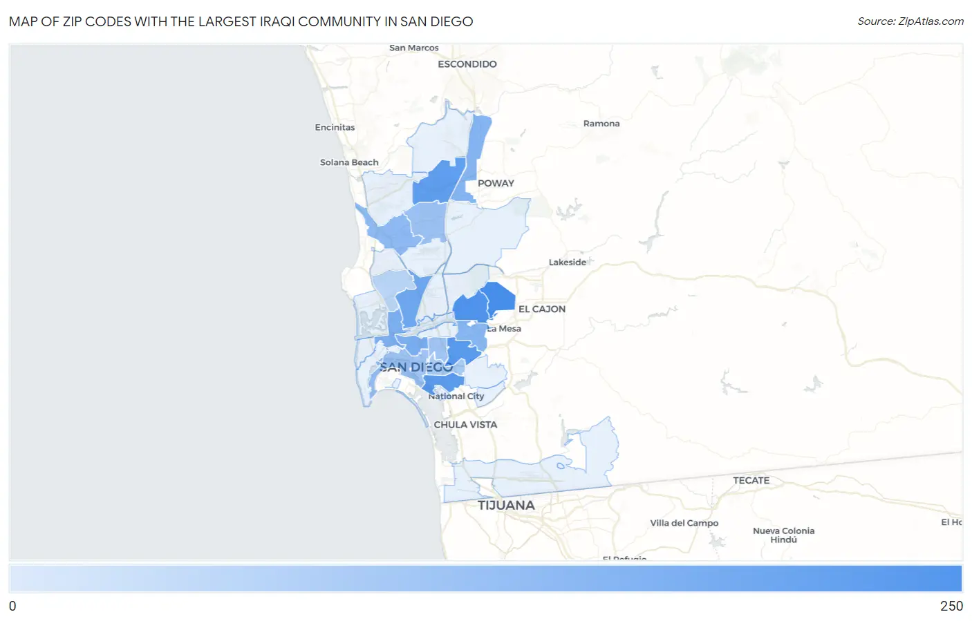 Zip Codes with the Largest Iraqi Community in San Diego Map