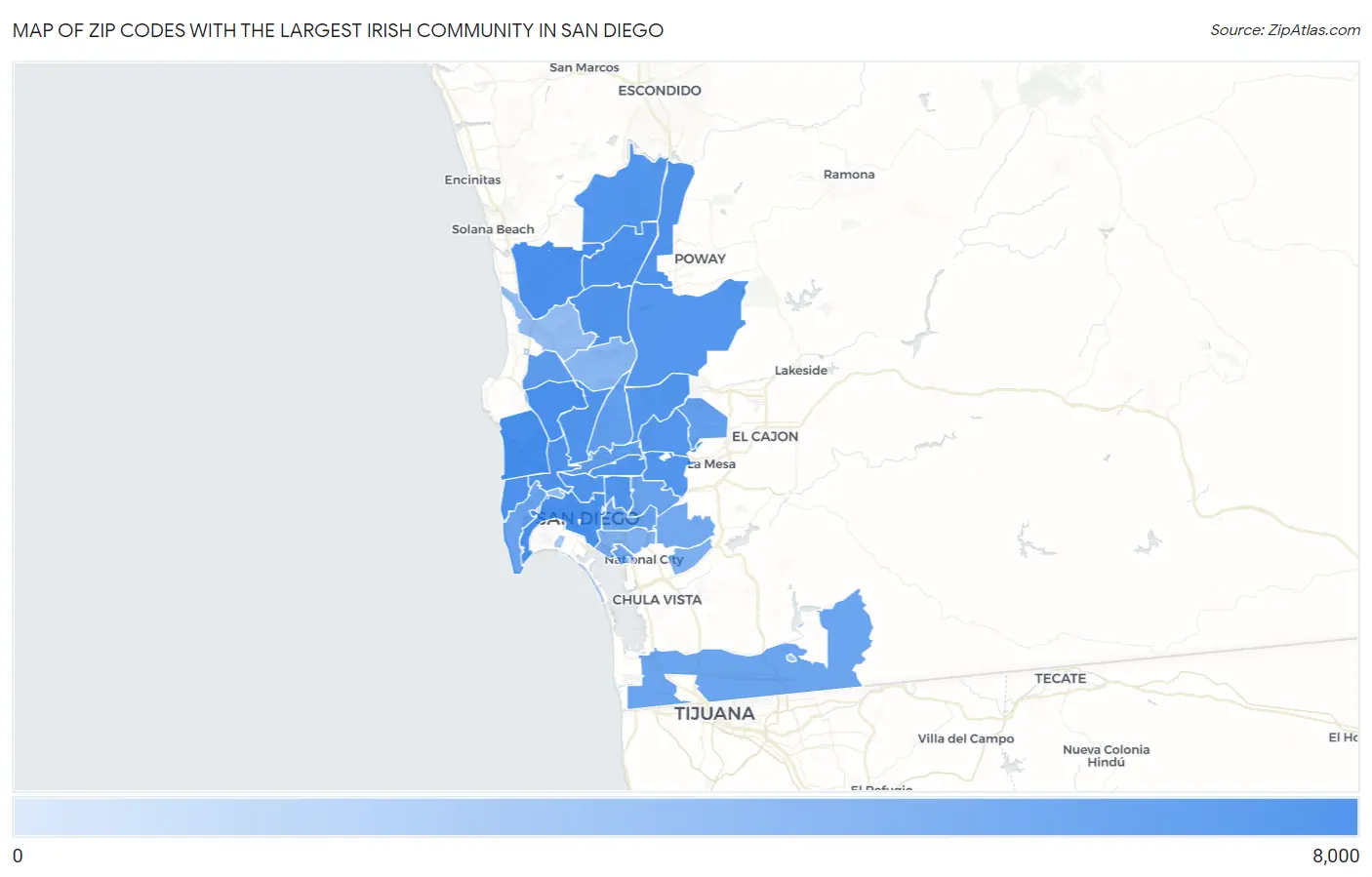 Zip Codes with the Largest Irish Community in San Diego Map