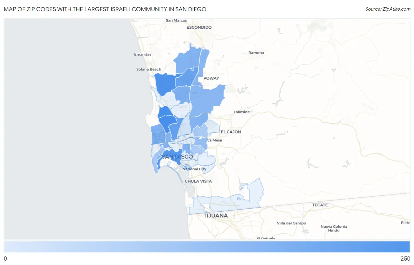 Zip Codes with the Largest Israeli Community in San Diego Map