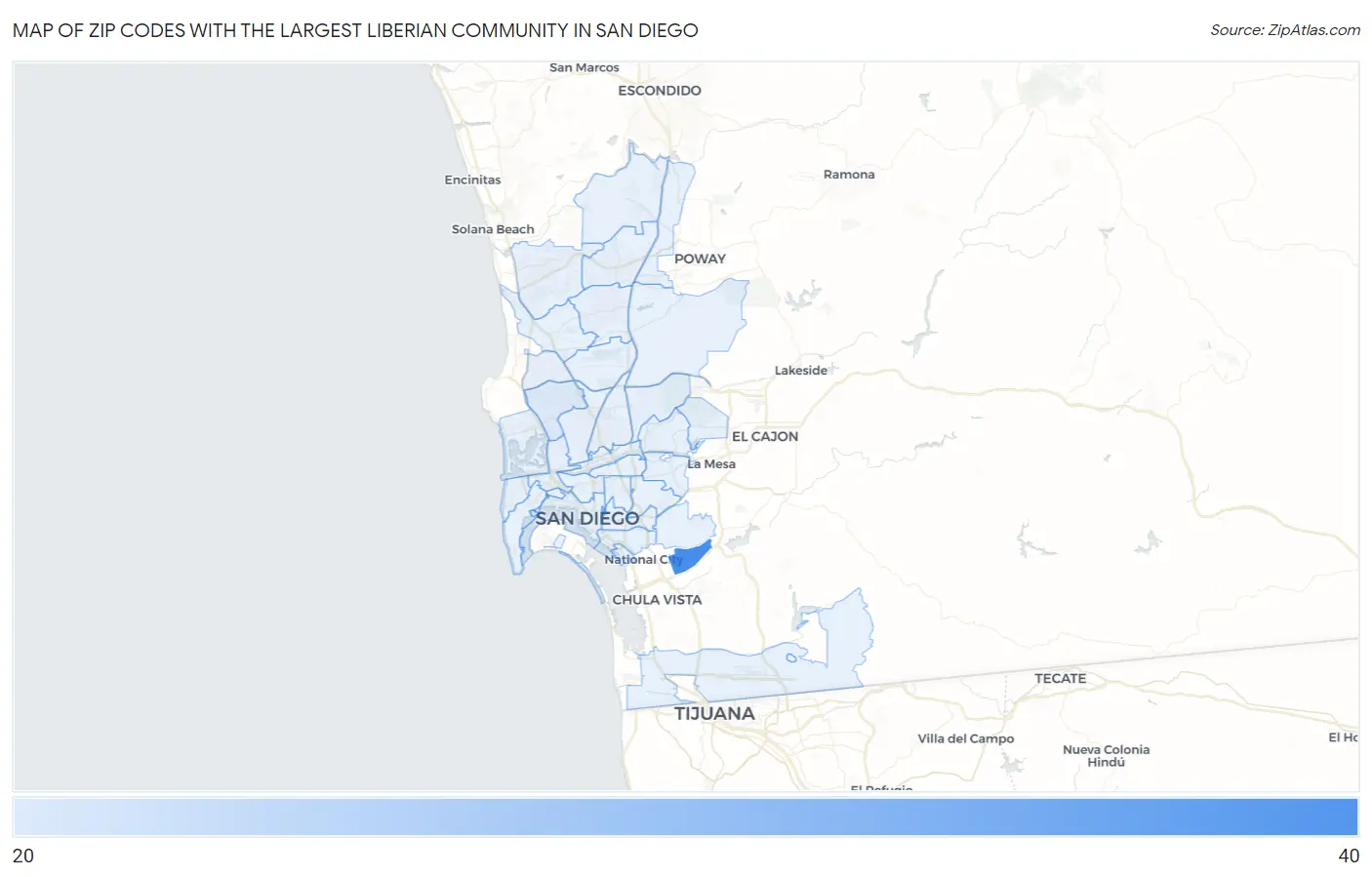 Zip Codes with the Largest Liberian Community in San Diego Map