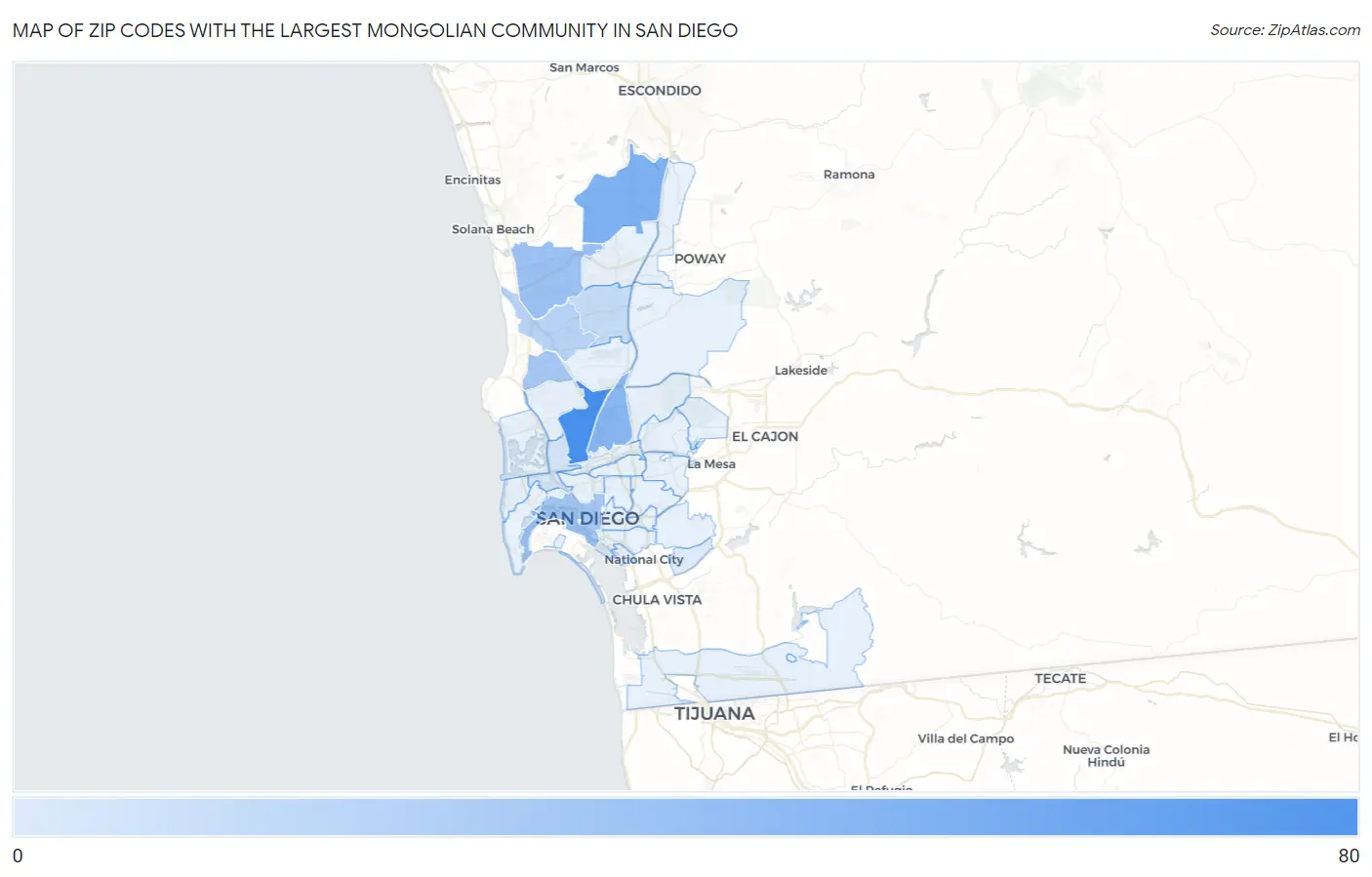 Zip Codes with the Largest Mongolian Community in San Diego Map