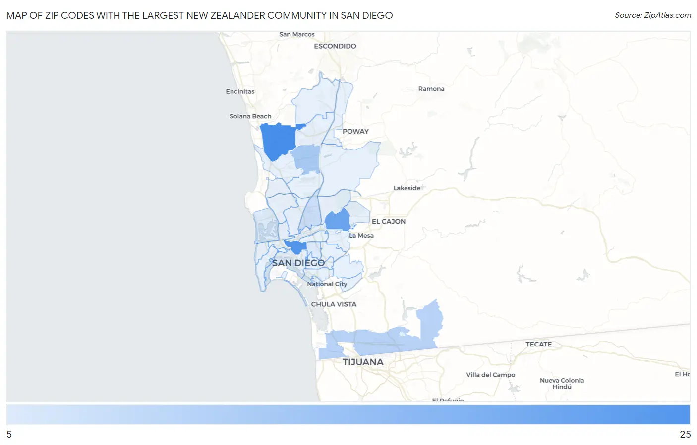 Zip Codes with the Largest New Zealander Community in San Diego Map