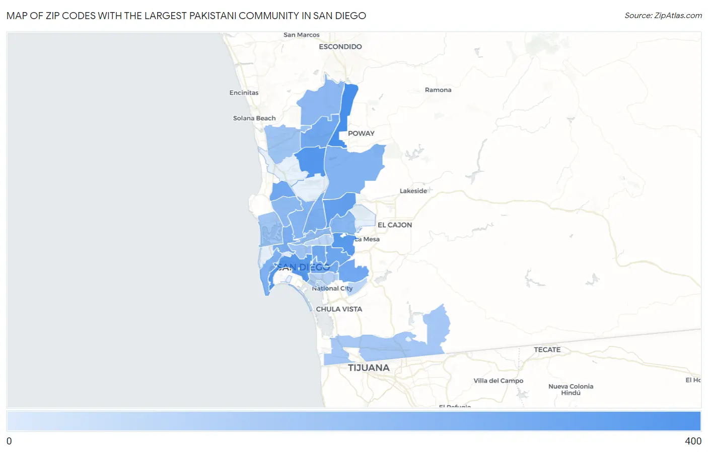 Zip Codes with the Largest Pakistani Community in San Diego Map