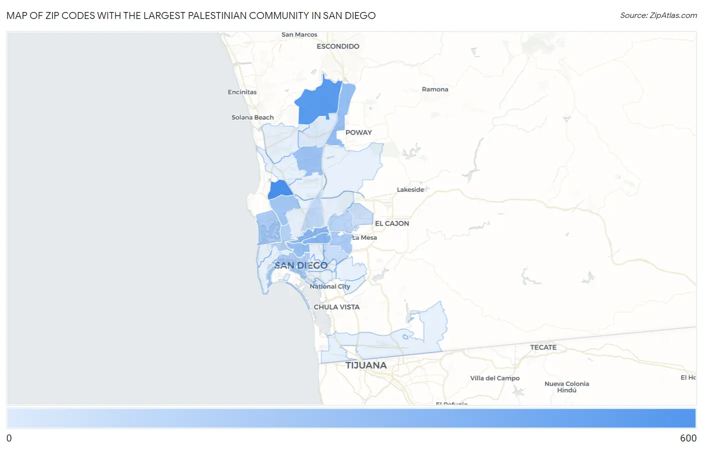 Zip Codes with the Largest Palestinian Community in San Diego Map