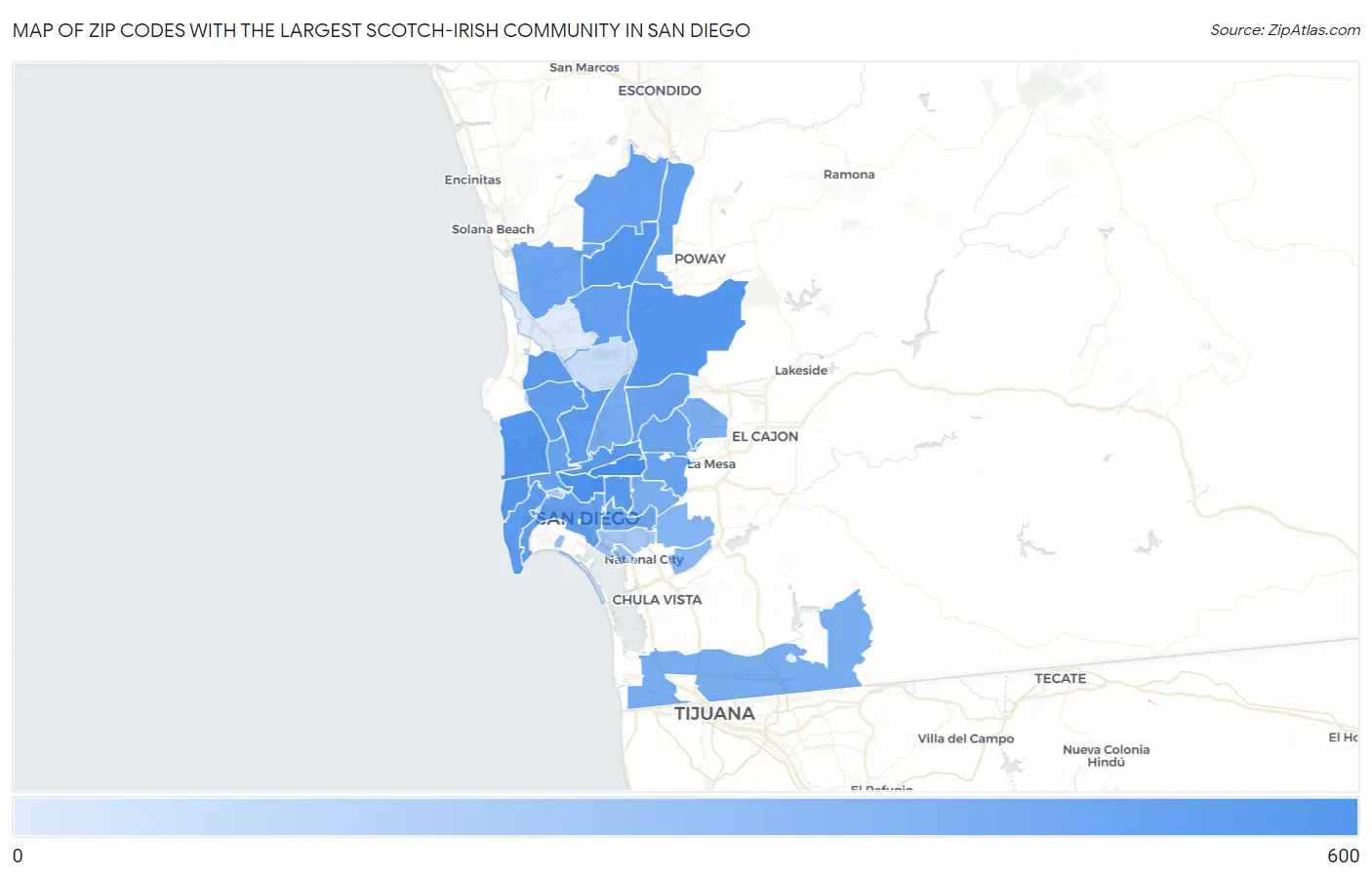 Zip Codes with the Largest Scotch-Irish Community in San Diego Map