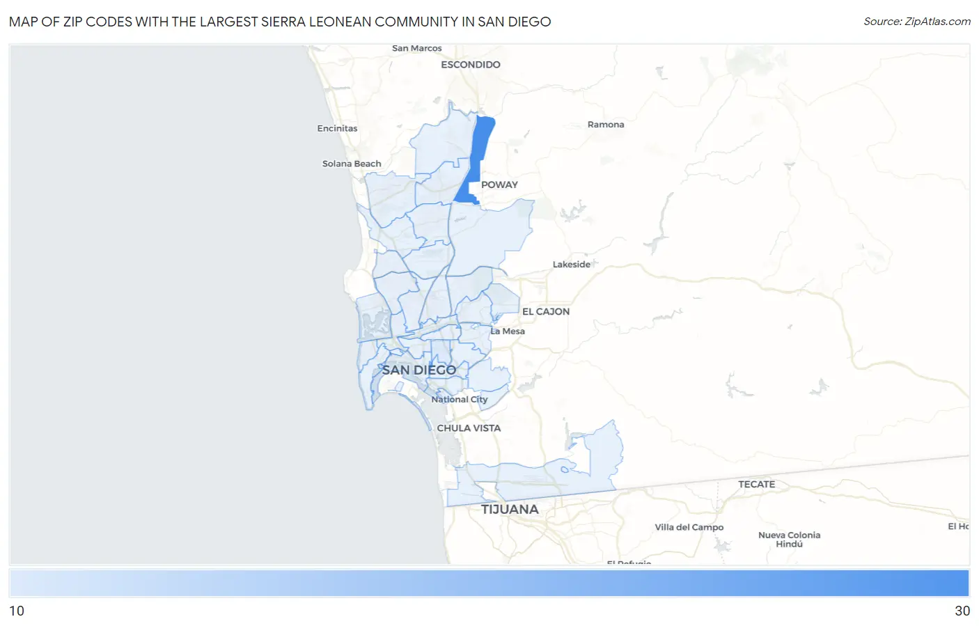 Zip Codes with the Largest Sierra Leonean Community in San Diego Map