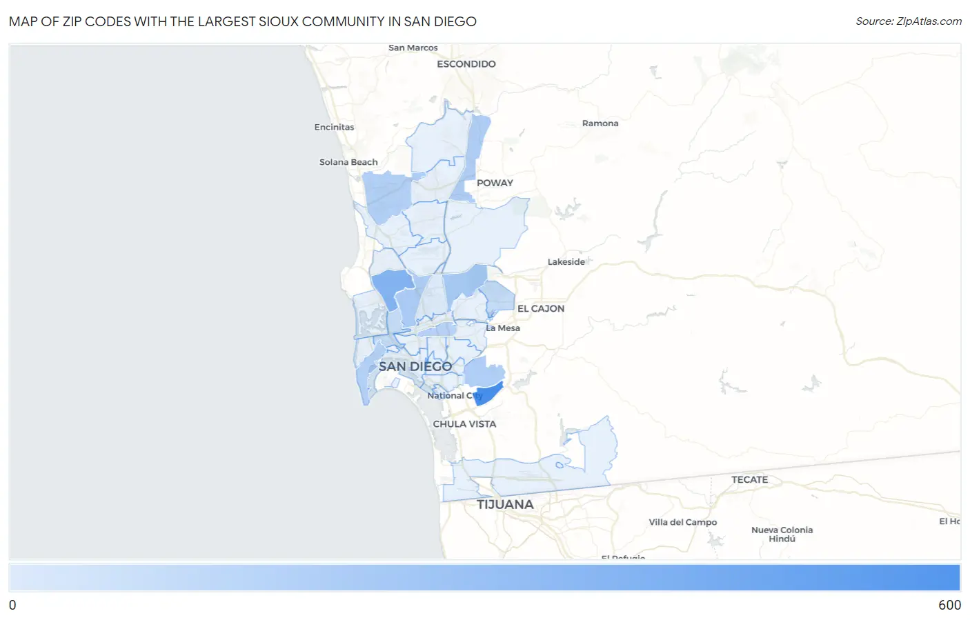Zip Codes with the Largest Sioux Community in San Diego Map