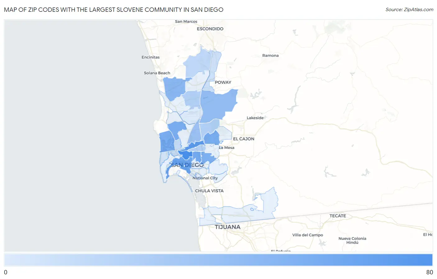 Zip Codes with the Largest Slovene Community in San Diego Map