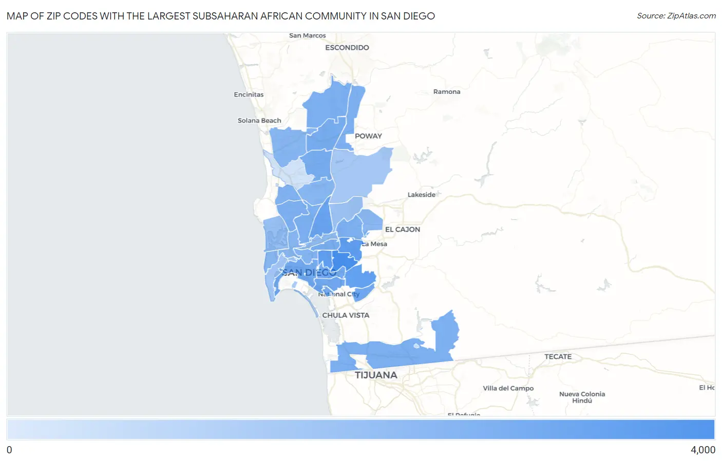 Zip Codes with the Largest Subsaharan African Community in San Diego Map