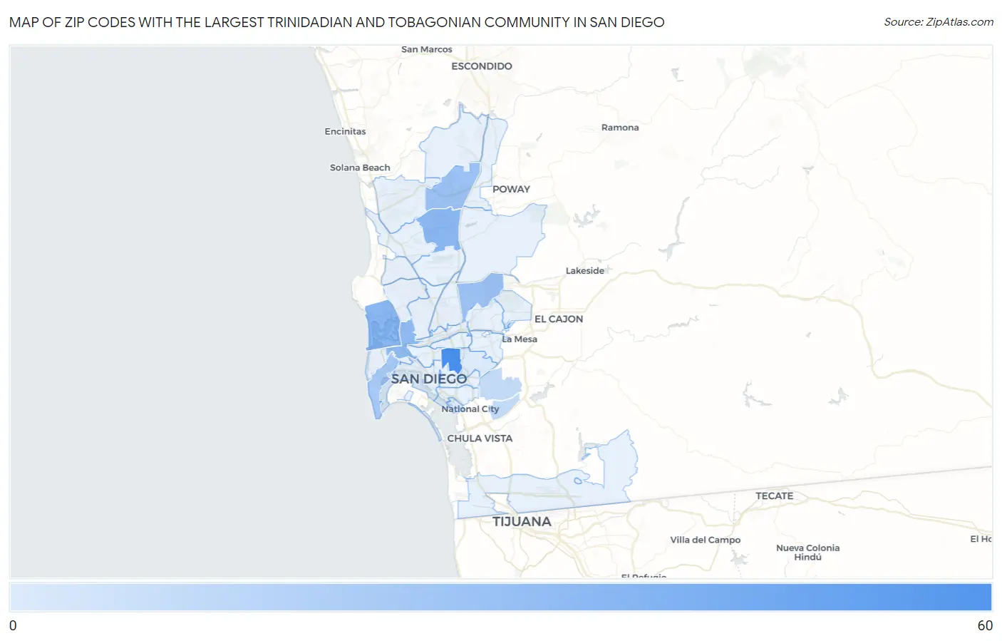 Zip Codes with the Largest Trinidadian and Tobagonian Community in San Diego Map