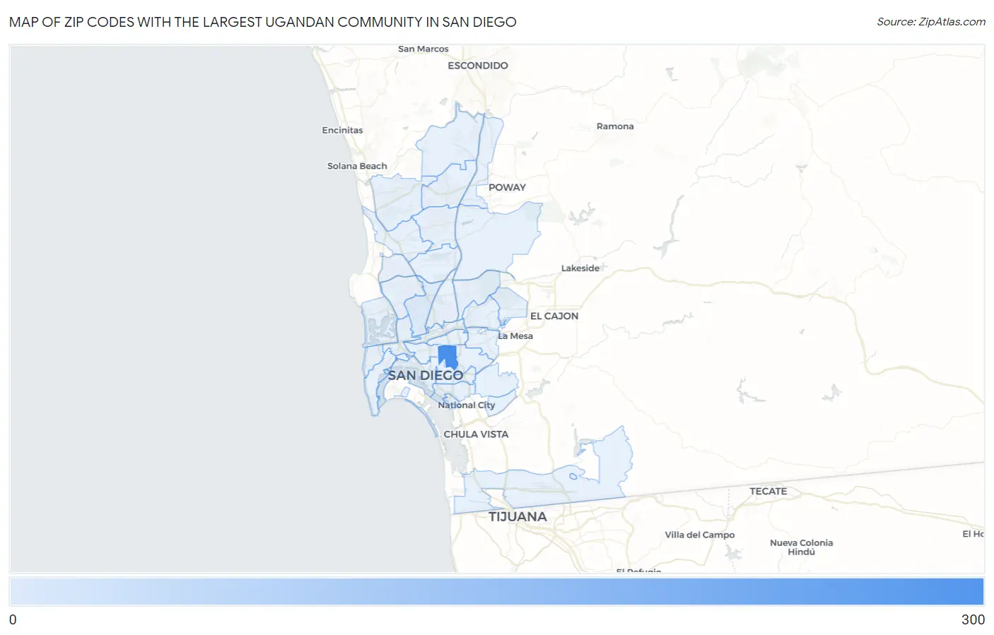 Zip Codes with the Largest Ugandan Community in San Diego Map