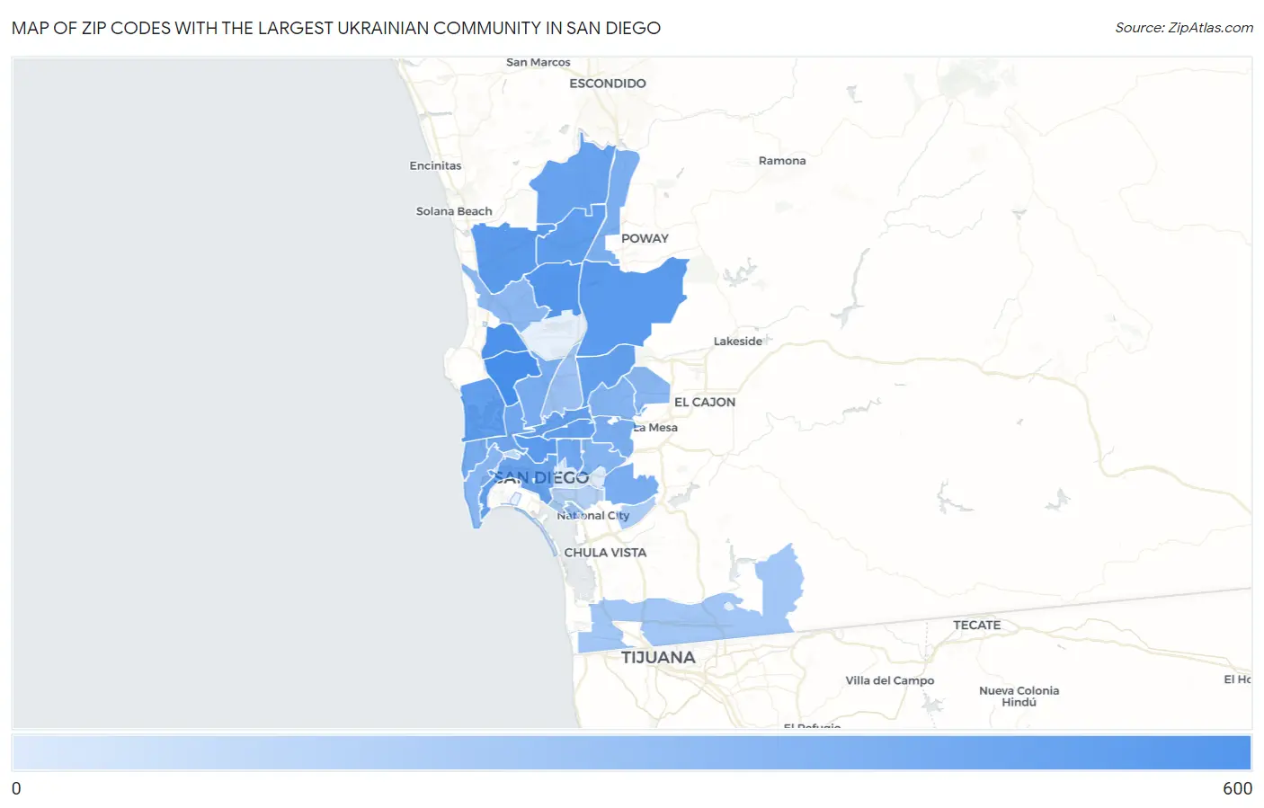 Zip Codes with the Largest Ukrainian Community in San Diego Map