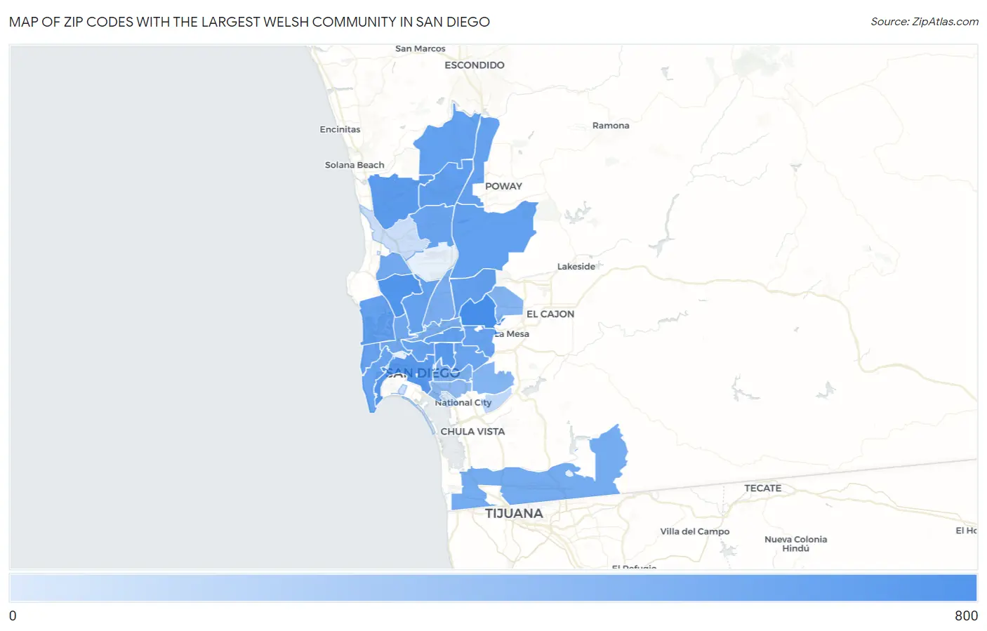 Zip Codes with the Largest Welsh Community in San Diego Map