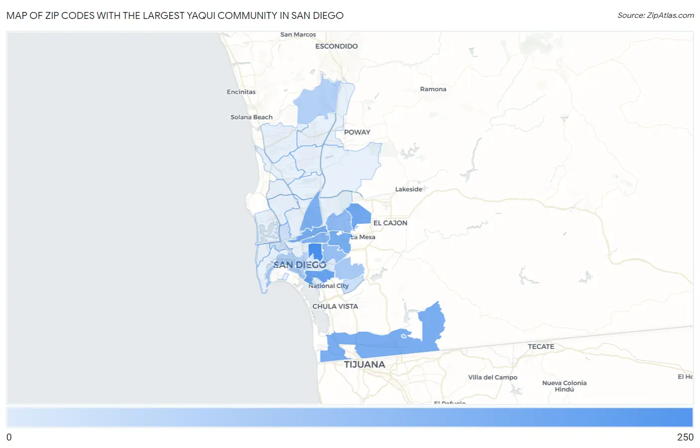 Zip Codes with the Largest Yaqui Community in San Diego Map