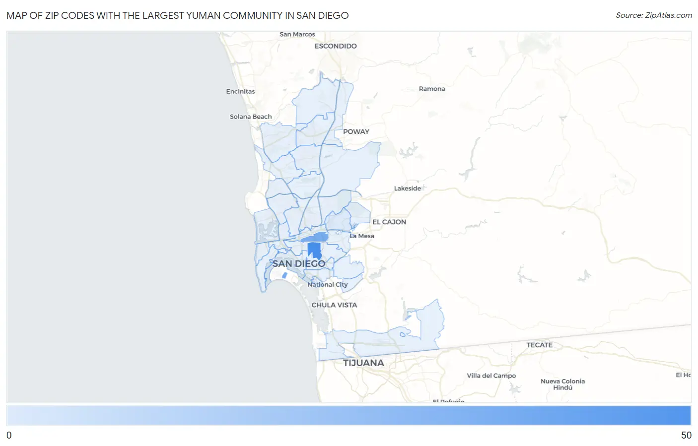 Zip Codes with the Largest Yuman Community in San Diego Map