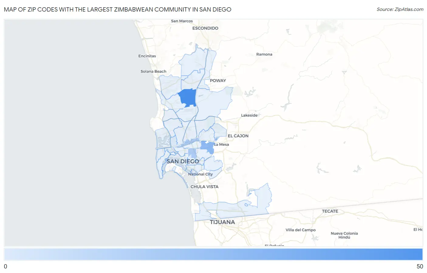 Zip Codes with the Largest Zimbabwean Community in San Diego Map