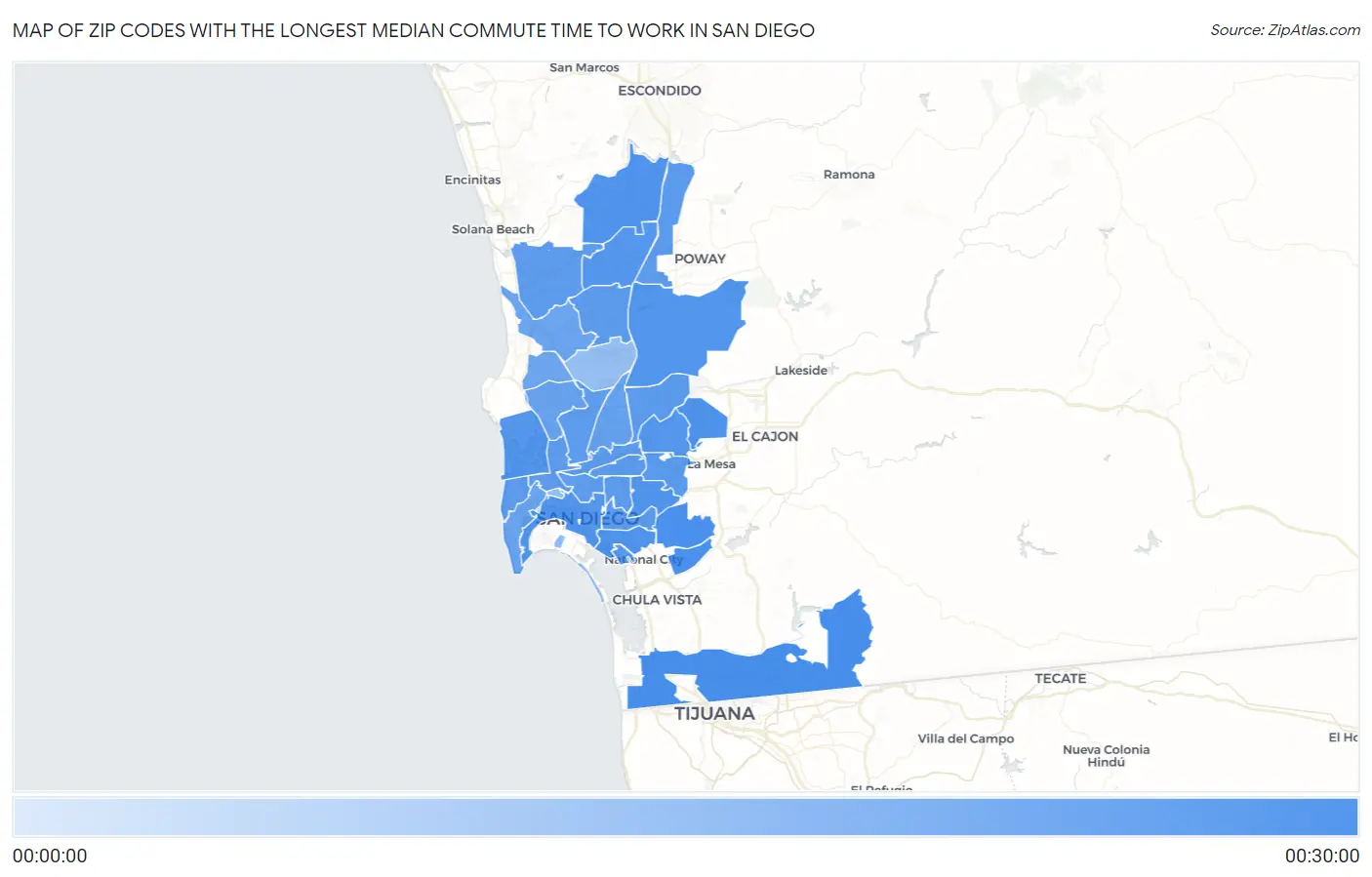 Zip Codes with the Longest Median Commute Time to Work in San Diego Map