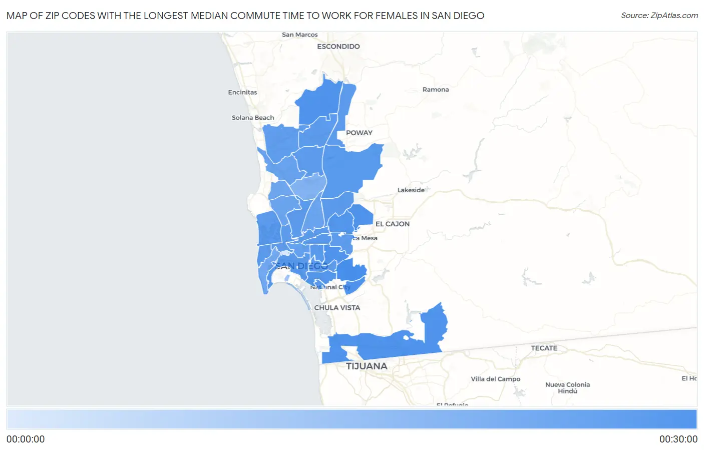 Zip Codes with the Longest Median Commute Time to Work for Females in San Diego Map